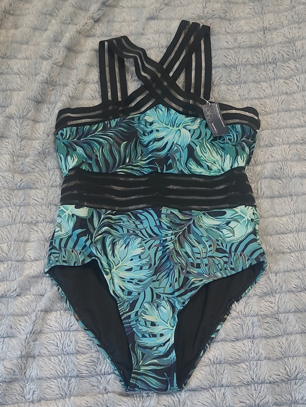 Tropical Leaf One-Piece Swimsuit with Strappy Black Trim - Teal